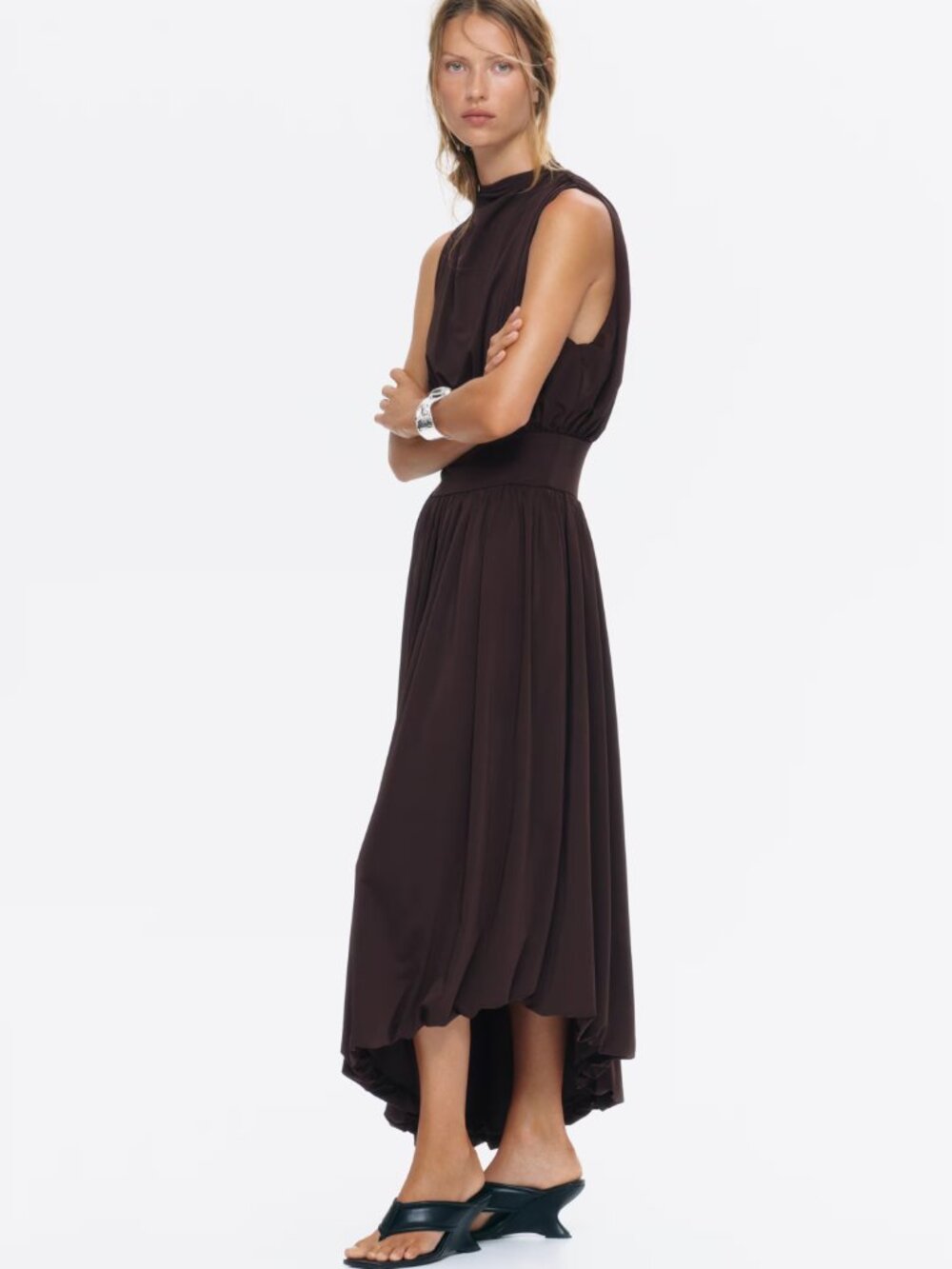 H&M Sleeveless Brown Midi Dress - Elegant Gathered Waist Size M NWT